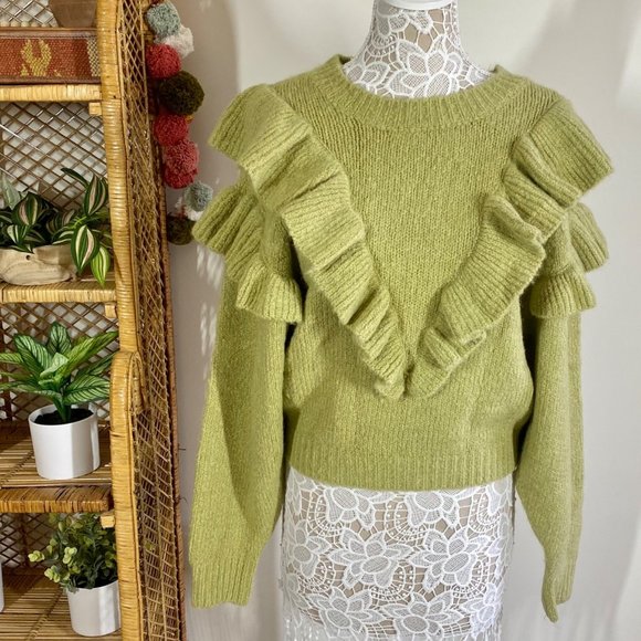 NWT Anthropologie Lost + Wander Viveka Ruffled Pullover Sweater Green S/M Top - Picture 2 of 7
